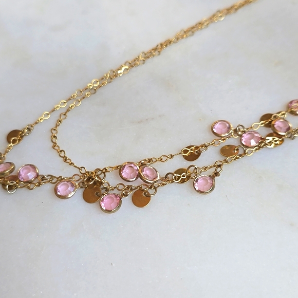 Double Strand Gold Necklace With Pink Stones - Picture 6 of 8